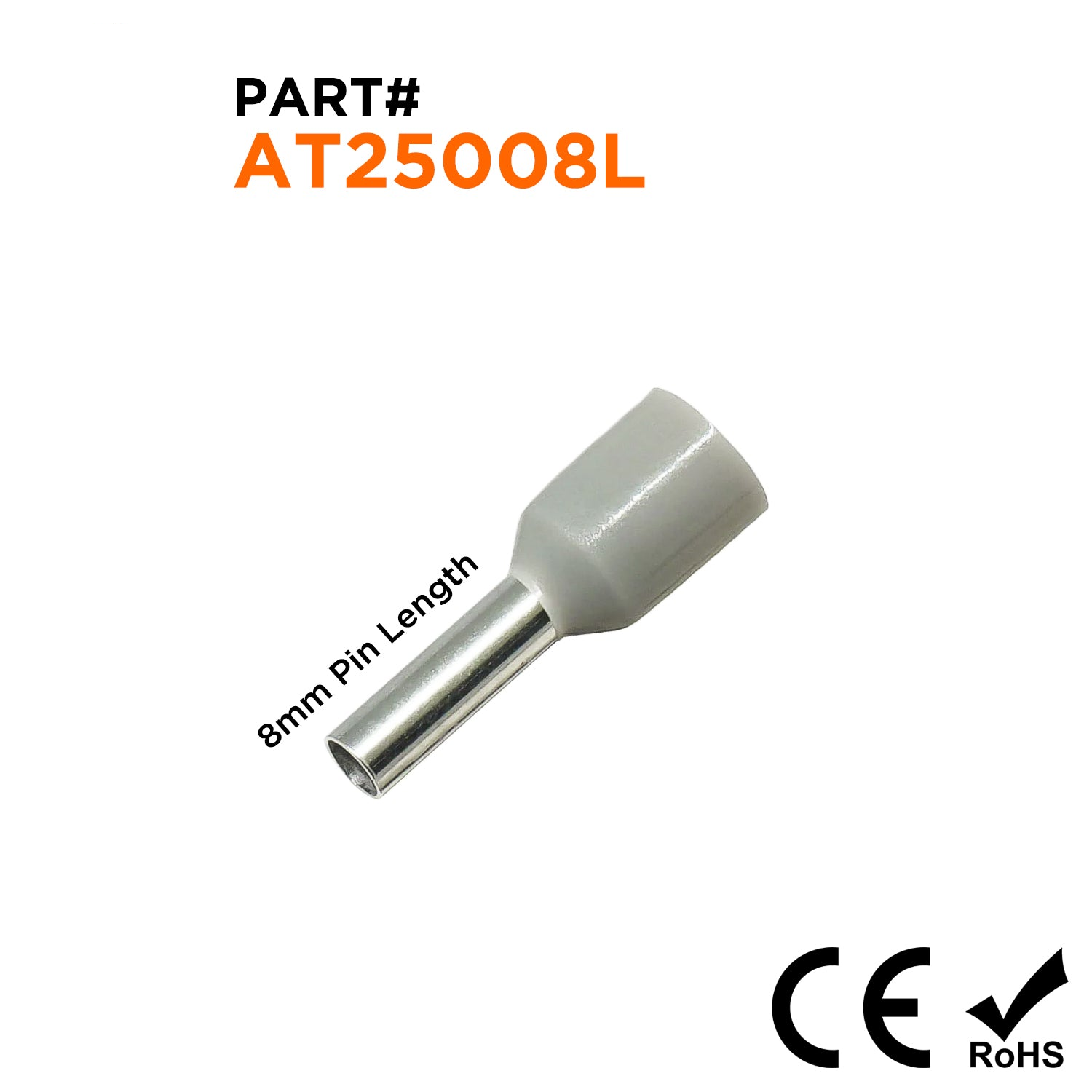 AT25008L - 14 AWG Insulated Punteras, 8mm Pin, Gris, Ancho Collar, 500 piezas