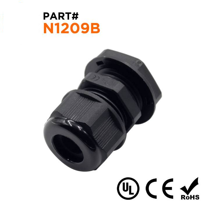 N1209B - 1/2" NPT Rosca De nailon Prensaestopas, Negro, Rango: 3/16" a 3/8", UL Listed, IP68, IP69K - 1 pieza