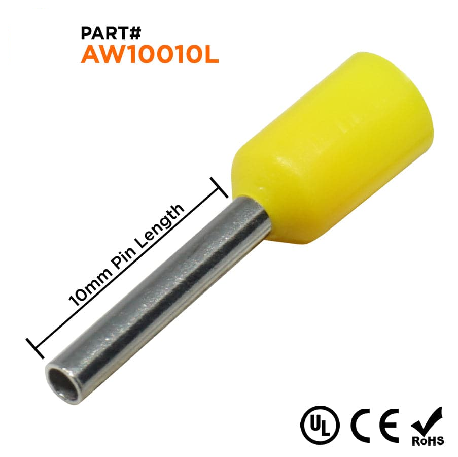 AW10010L - 18 & 17 AWG Insulated Wire Ferrules, 10mm Pin, Yellow, Wide Collar, 500 Pieces