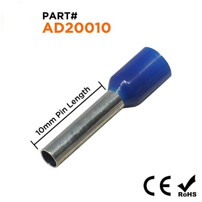 AD20010 - 14 AWG (Small Diameter) Insulated Wire Ferrules, 10mm Pin, Blue, 500 Pieces