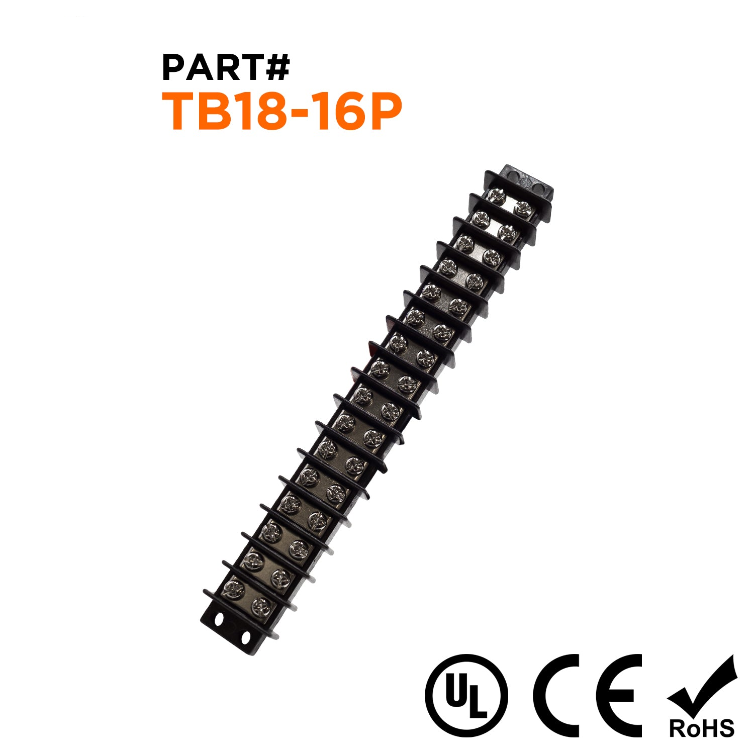 TB18-16P - Barrier Strip Terminal Block, Terminal Strip, 16 Pole, Double Row, 20A, 300V, UL Approved, 1 Piece