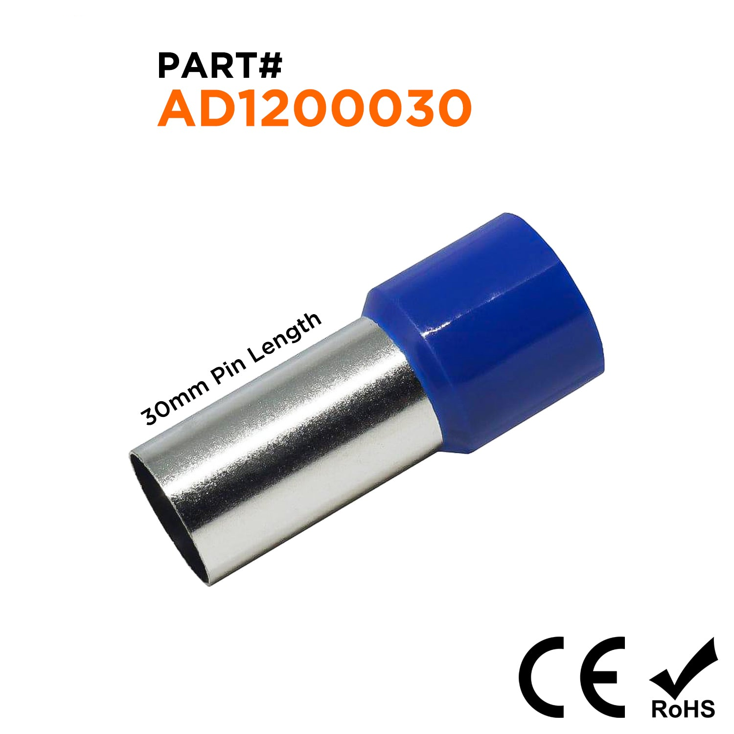 AD1200030 - 4/0 AWG Insulated Wire Ferrules, 30mm Pin, Blue, 25 Pieces