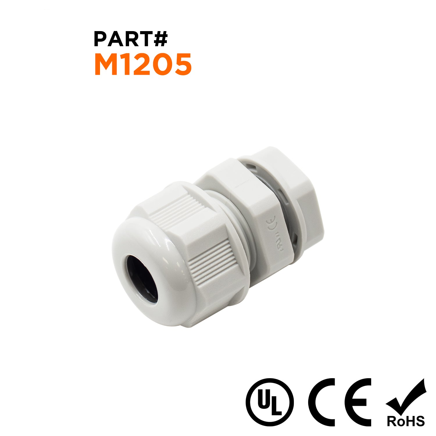 M1205GY - M12 x 1.5mm Metric Thread Nylon Cable Gland, Gray, Range: 1/16" to 3/16", UL Listed, IP68, IP69K - 1 Piece