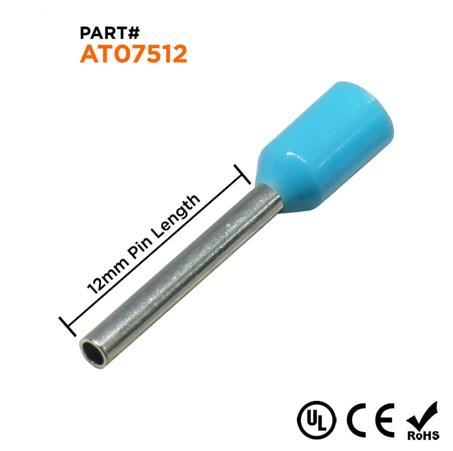 AT07512 - 20 & 18 AWG Single Insulated Wire Ferrules, 12mm Pin, Light Blue, UL Recognized, 500 Pieces
