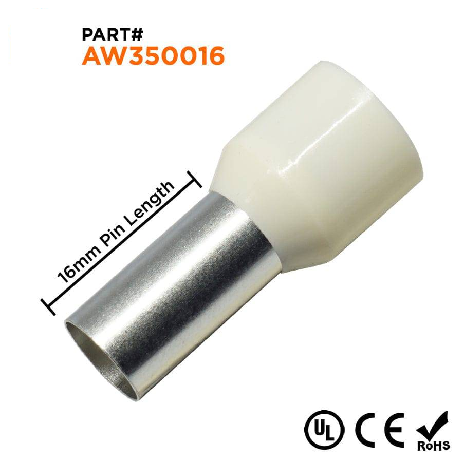 AW350016 - 2 AWG Single Insulated Punteras, 16mm Pin, Beige, UL Recognized, 100 piezas