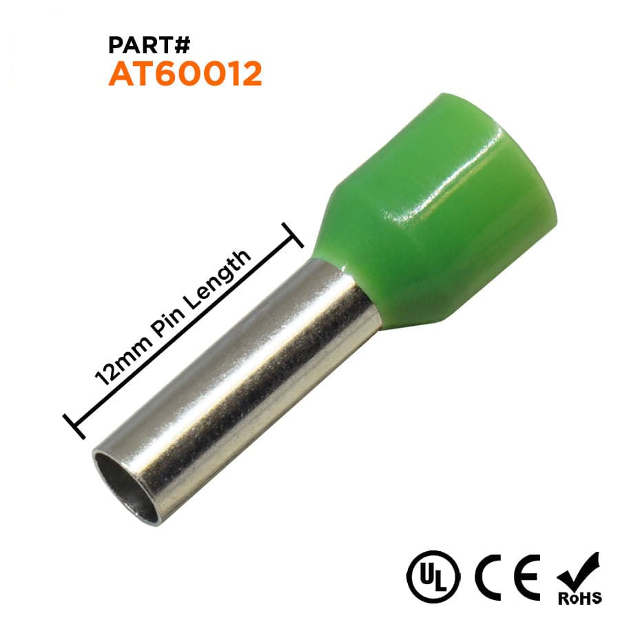 AT60012 - 10 AWG Insulated Punteras, 12mm Pin, Verde, UL Recognized, 100 piezas