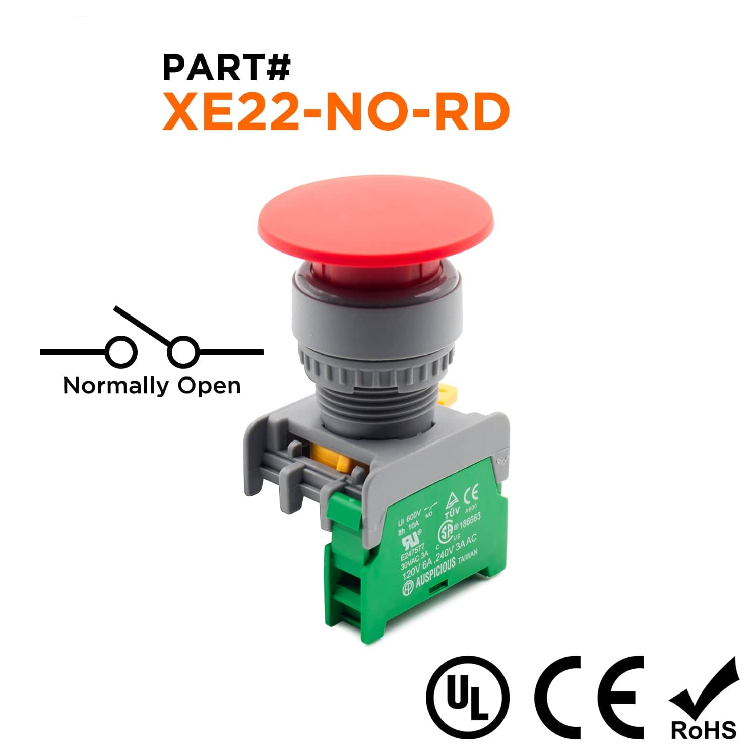 XE22-NO-RD - 40mm Mushroom Head Push Button, Red, (NO), 1 Piece