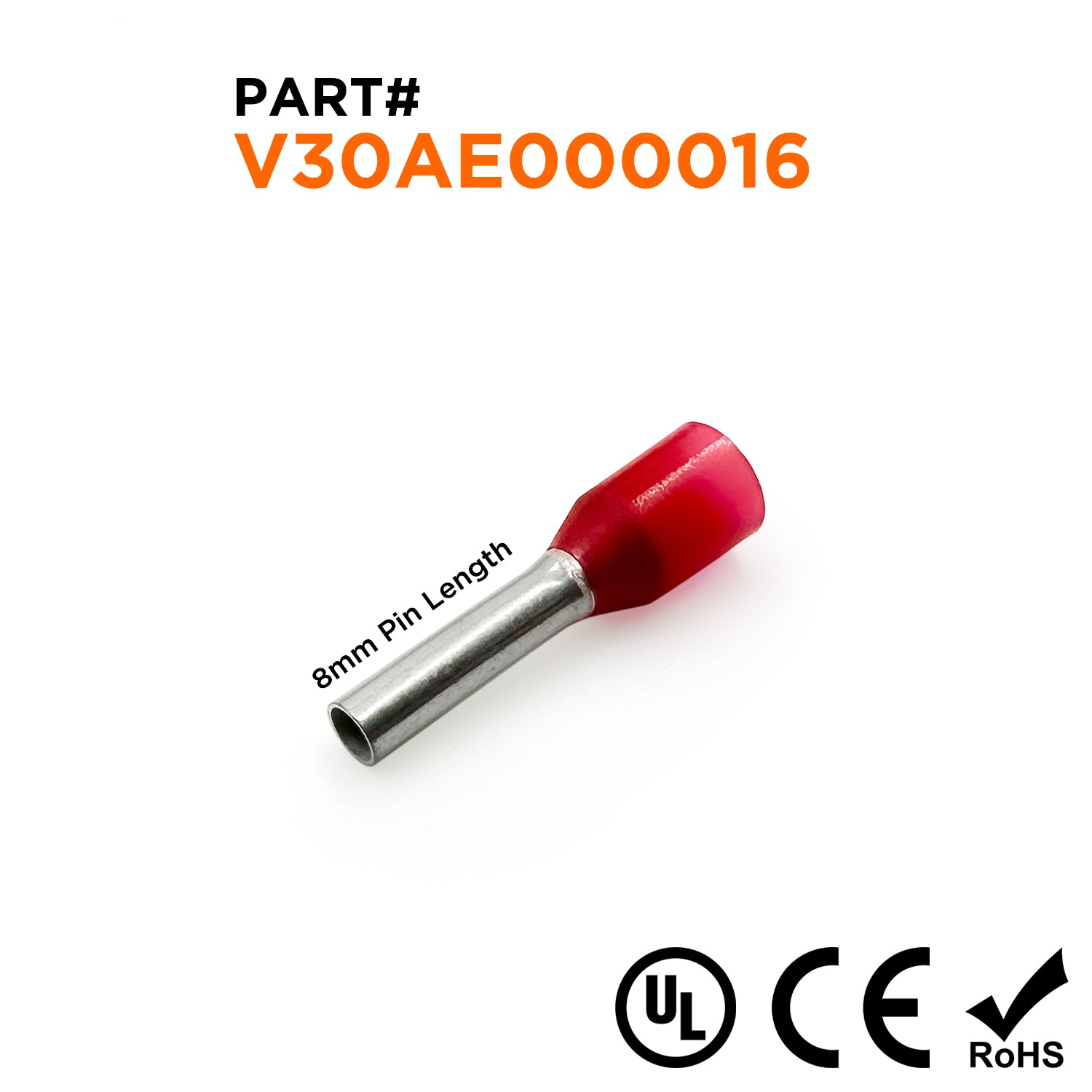 Z+F V30AE000016 - 16 AWG Insulated Wire Ferrules, 8mm Pin, Red, 500 Pieces