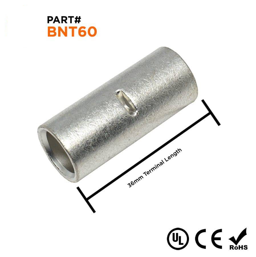 BNT60 - 1/0 AWG Sin aislamiento Butt Splice Conectores, 1 7/16" Longitud, UL Approved, 10 piezas