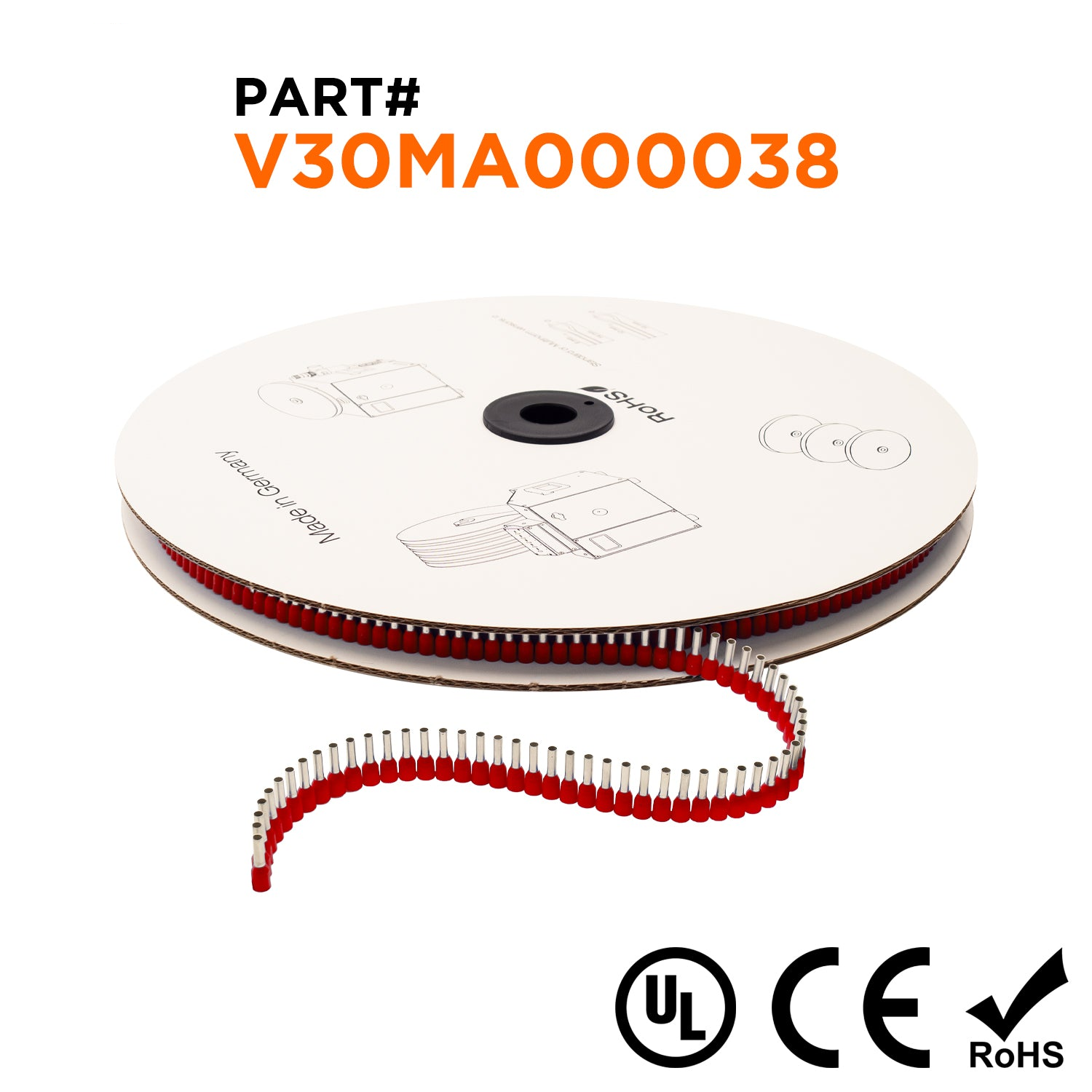 Z+F V30MA000038 - 18 & 17 AWG Insulated Punteras, 8mm Pin, Rojo, 5,000 piezas Reel/Spool