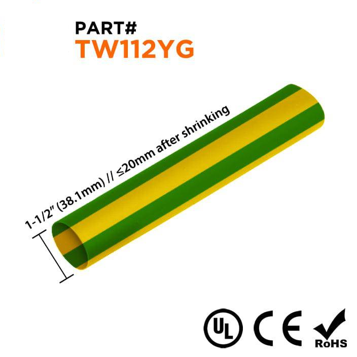 TW112YG - 1-1/2" Thin Wall Heat Shrink Tubing, 2:1 Shrink Ratio, Yellow/Green, Sold Per Foot