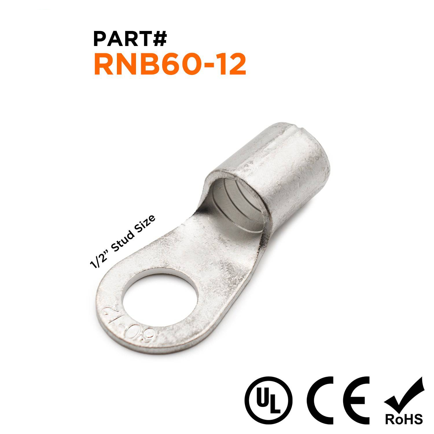 RNB60-12 - 1/0 AWG Non Insulated Ring Terminals, 1/2" Stud, 10 Pieces