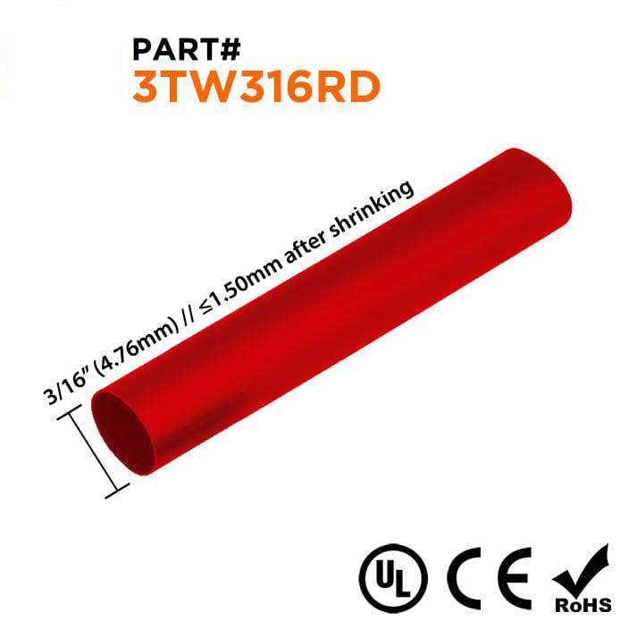 3TW316RD - 3/16" Thin Wall Heat Shrink Tubing, 3:1 Shrink Ratio, Red, Spool of 300ft