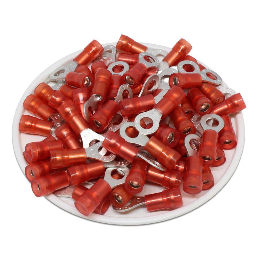 RNYDL1-4 - 22 to 16 AWG Nylon Insulated Ring Terminals, #8 Stud, Double Crimp 100 Pieces
