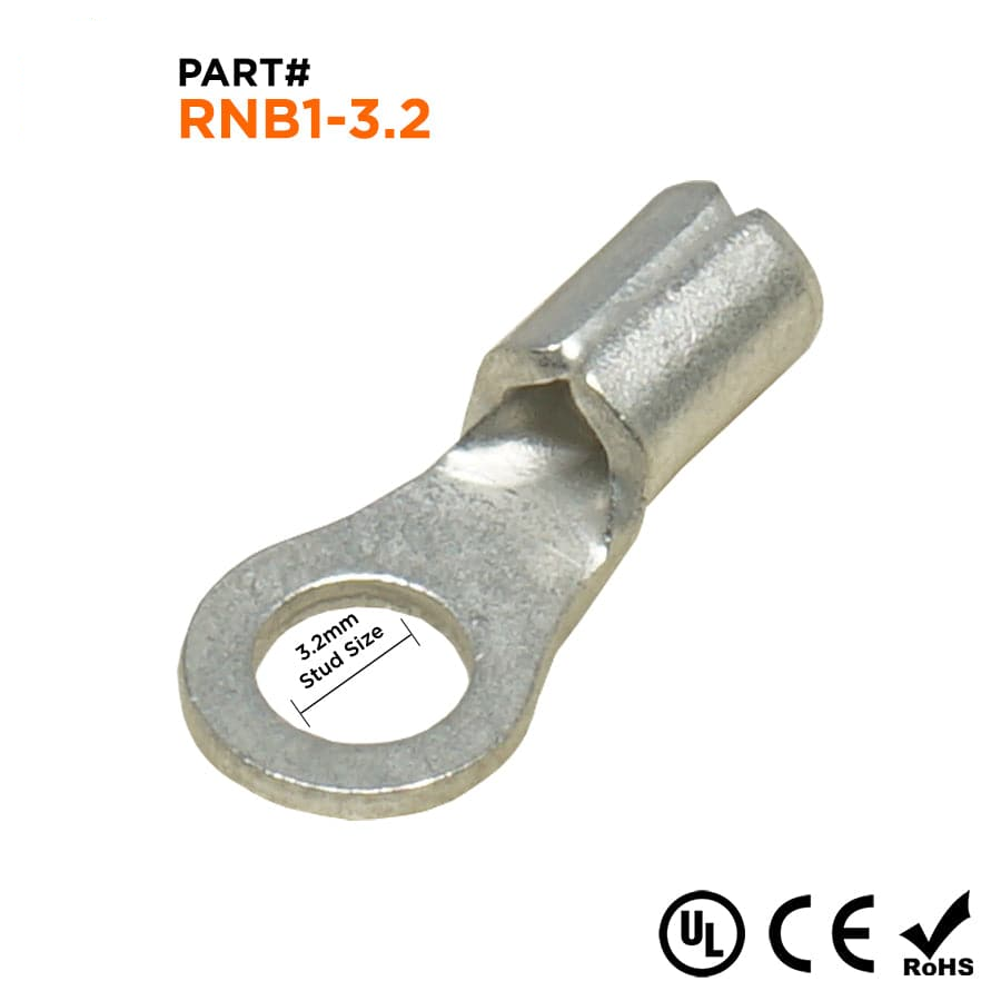 RNB1-3.2 - 22 to 16 AWG Non Insulated Ring Terminals, #4 Stud, UL Recognized, 100 Pieces