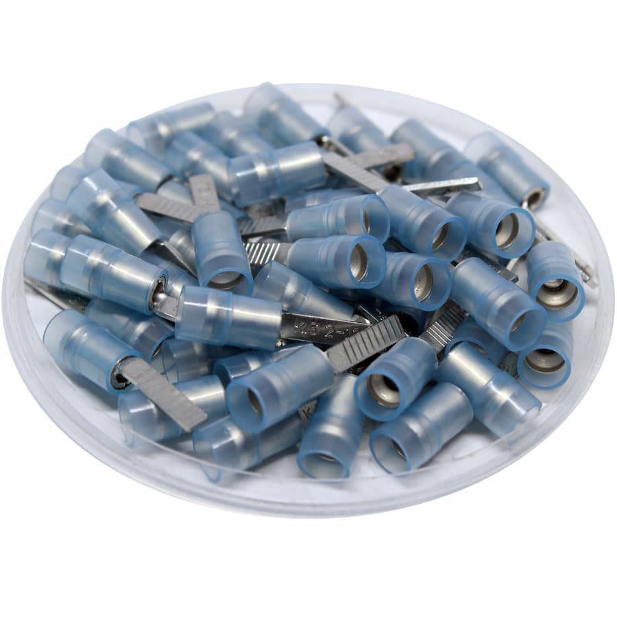 DBNYDL2-13 - 16 to 14 AWG Nylon Flat Blade Terminals, Double Crimp, Blue, 13mm Pin, 100 Pieces
