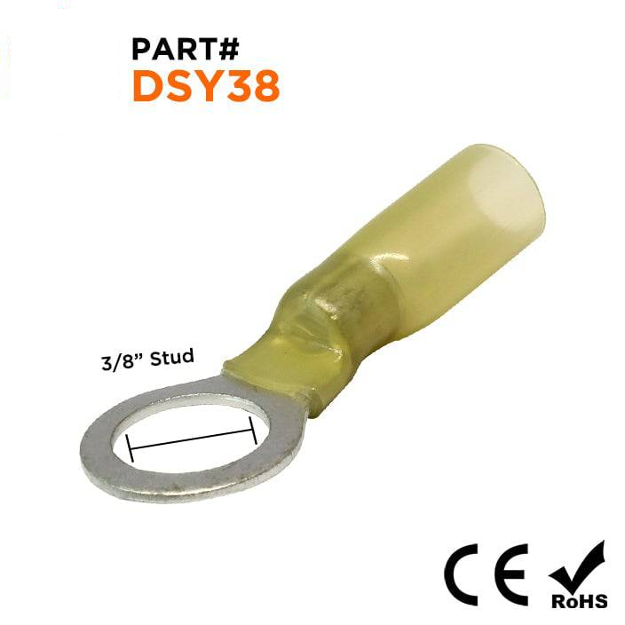 DSY38 - 12 to 10 AWG Heat Shrink Ring Terminals, 3/8" Stud, Polyolefin, 25 Pieces