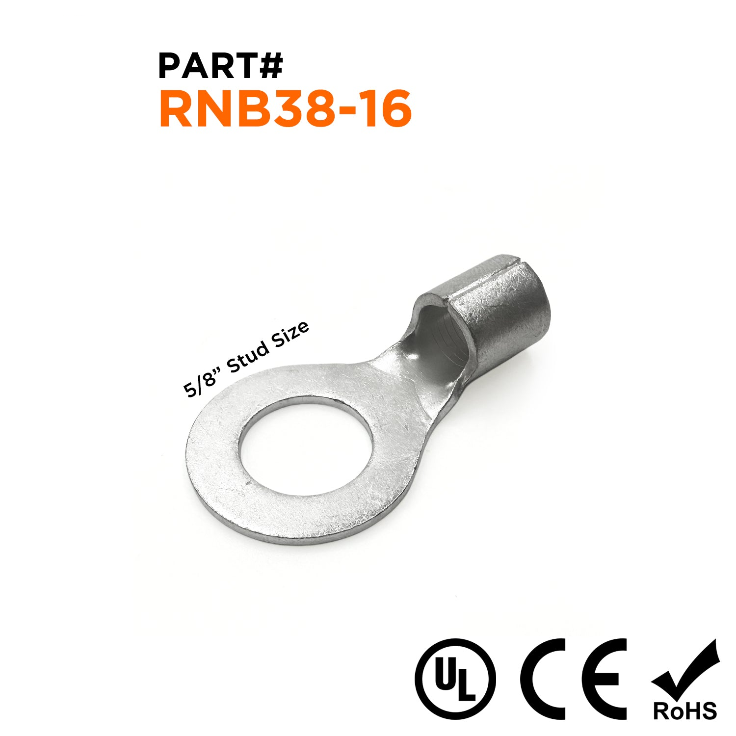 RNB38-16 - 2 AWG Non Insulated Ring Terminals, 5/8" Stud, UL Recognized, 10 Pieces