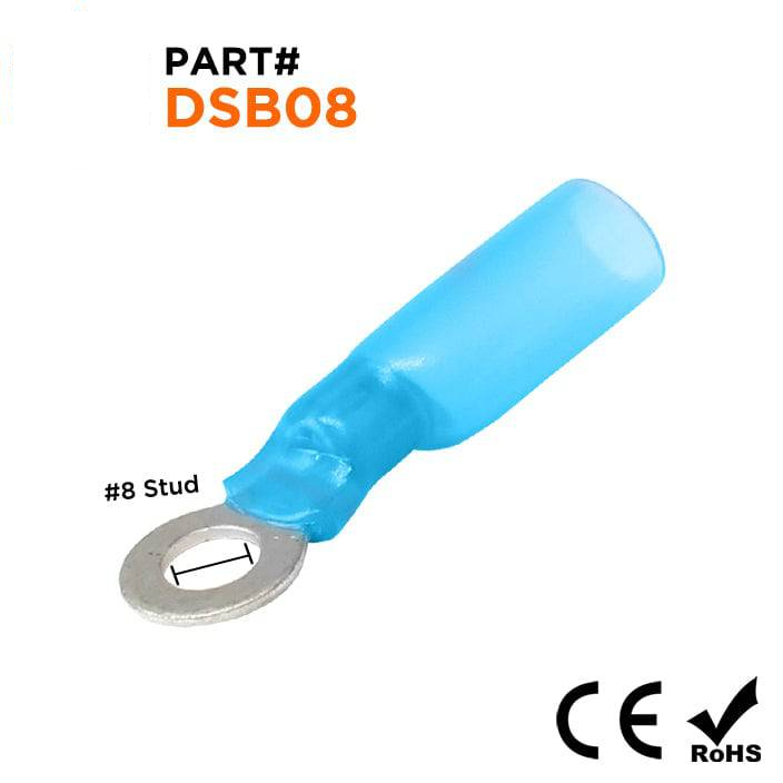 DSB08 - 16 to 14 AWG Heat Shrink Ring Terminals, #8 Stud, Polyolefin, 25 Pieces