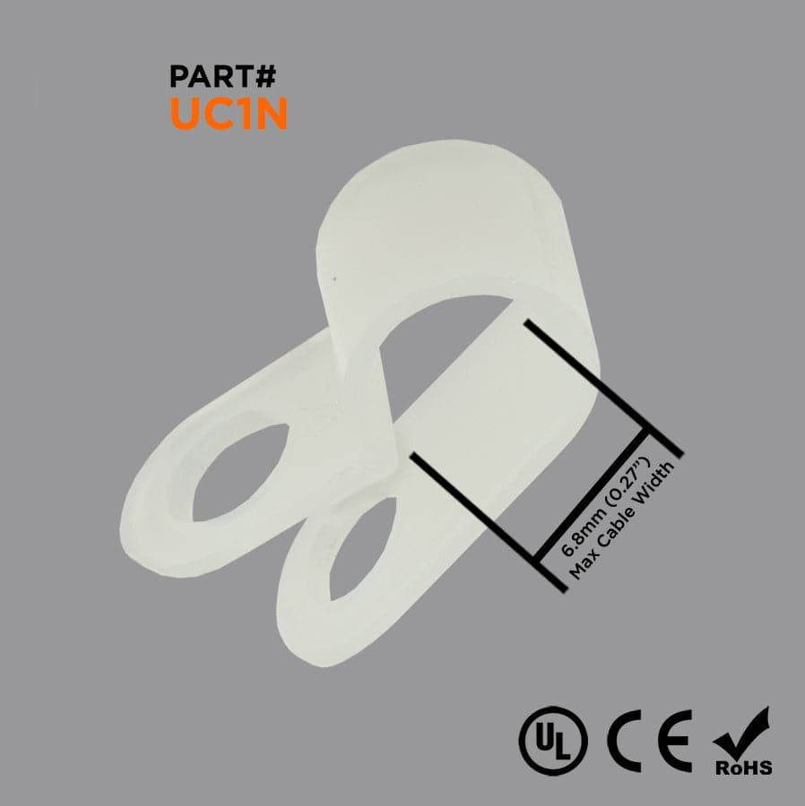 UC1N - 1/4" Cable Clamps Nylon R-Type Cable Wire & Cord Clamps, Color: Natural - 100 Pieces