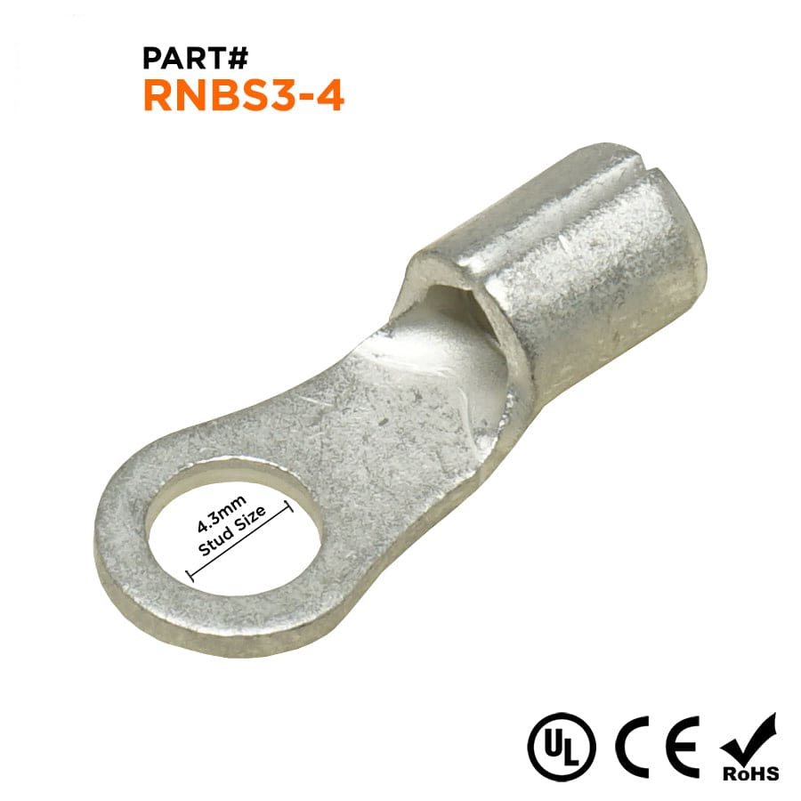 RNBS3-4 - 14 a 12 AWG Sin aislamiento Terminales de anillo, #8 Orificio, UL Recognized, 100 piezas