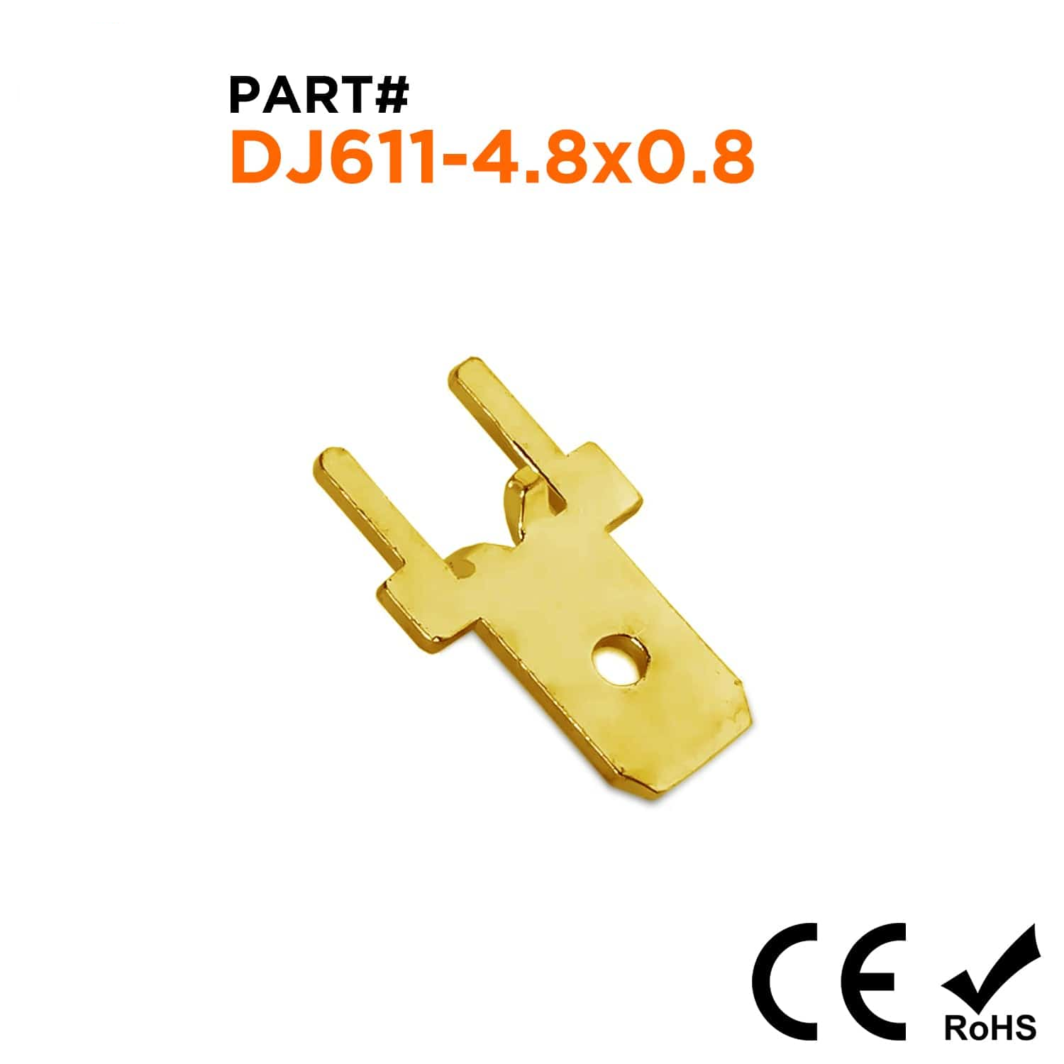 DJ611-4.8x0.8 - Untinned Brass Circuit Board Mount Quick Disconnect 4.8x0.8mm Tab, 100 Pieces
