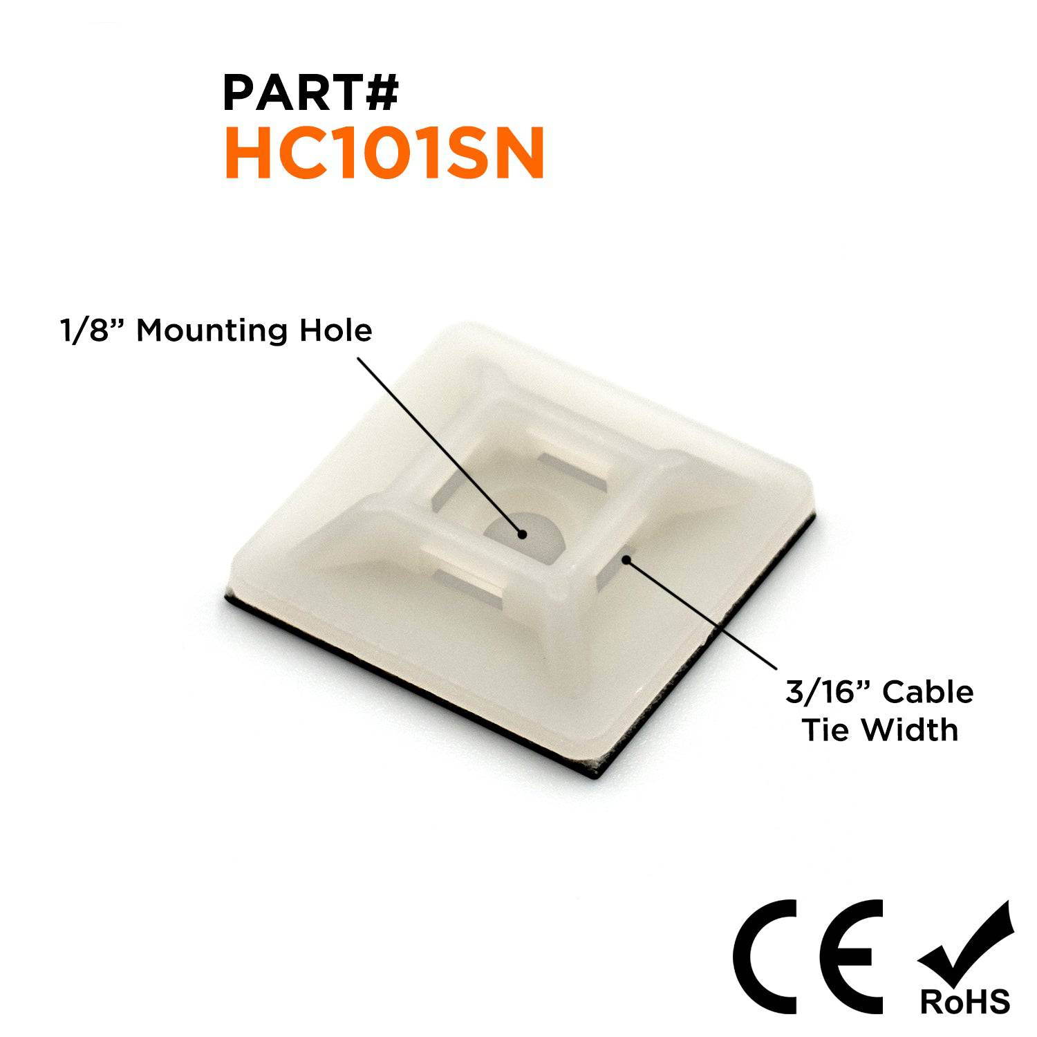 HC101SN - 3/4"LxW Nylon Self-Adhesive Tie Mounts - Cable Tie Width: 3/16", Screw Width: 1/8", Natural, 100 Pieces
