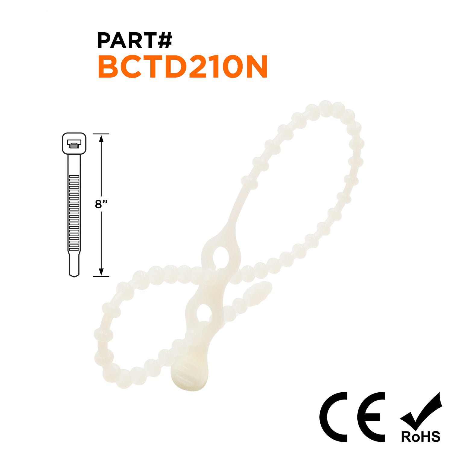 BCTD210N - 8" Standard Double Loop Beaded Nylon Reusable Cable Ties, 50-lb Tensile Strength, Natural, 100 Pieces