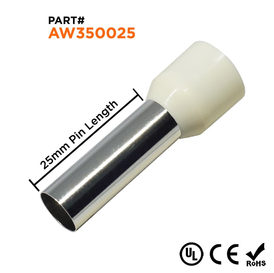 AW350025 - 2 AWG Single Insulated Wire Ferrules, 25mm Pin, Beige, UL Recognized, 100 Pieces