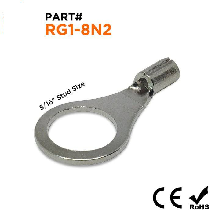 RG1-8N2 - 22 a 16 AWG De alta temperatura Terminales de anillo, 5/16" Orificio, De acero, 900°F, 100 piezas