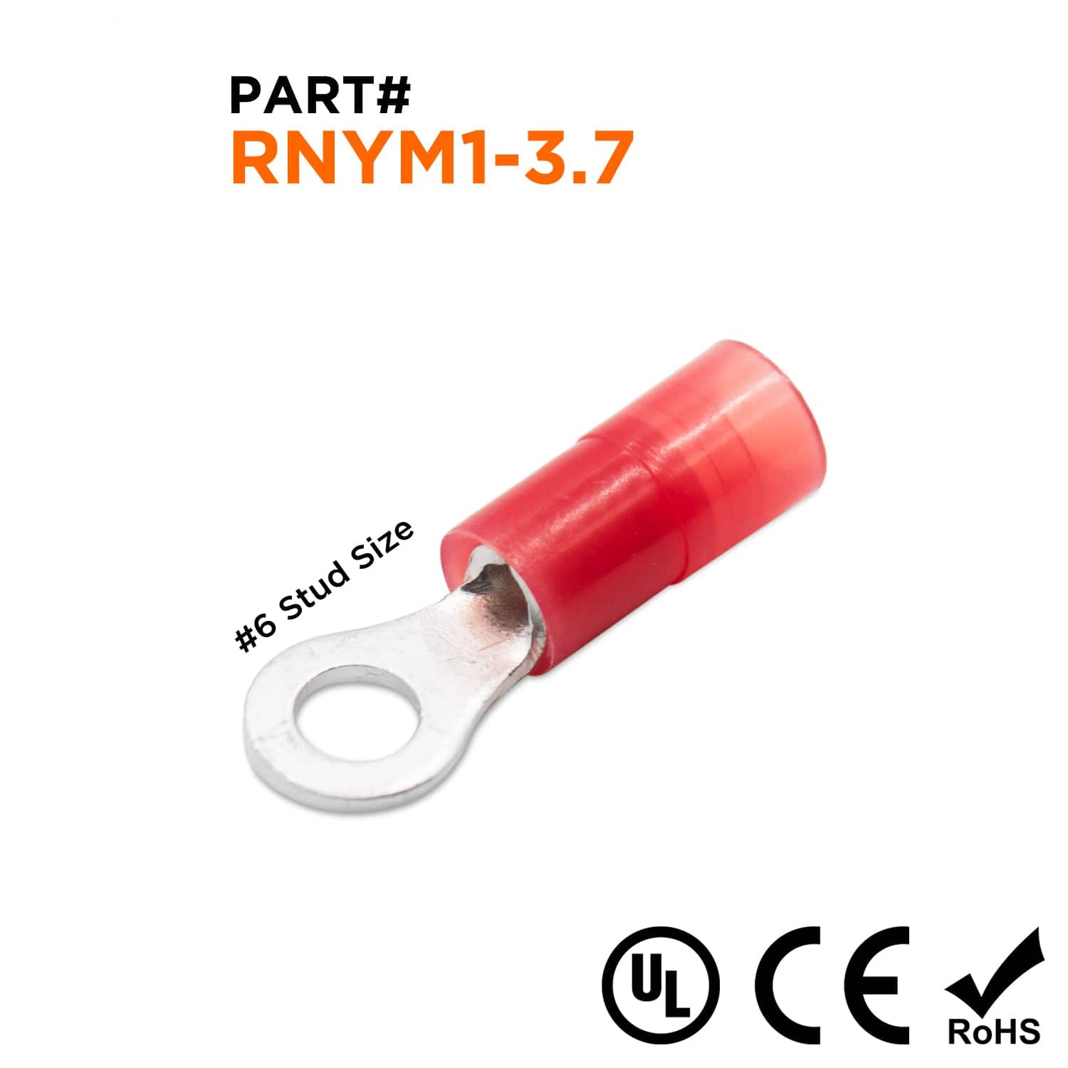 22-16 AWG Con aislamiento de nailon Terminales de anillo, #6 Orificio, Butted Seam, 100 piezas - RNYM1-37