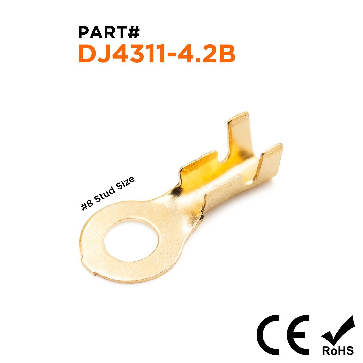 DJ4311-4.2B - 18 to 16 AWG Ring Terminals, #8 Stud, Brass, Open Barrel, 100 Pieces