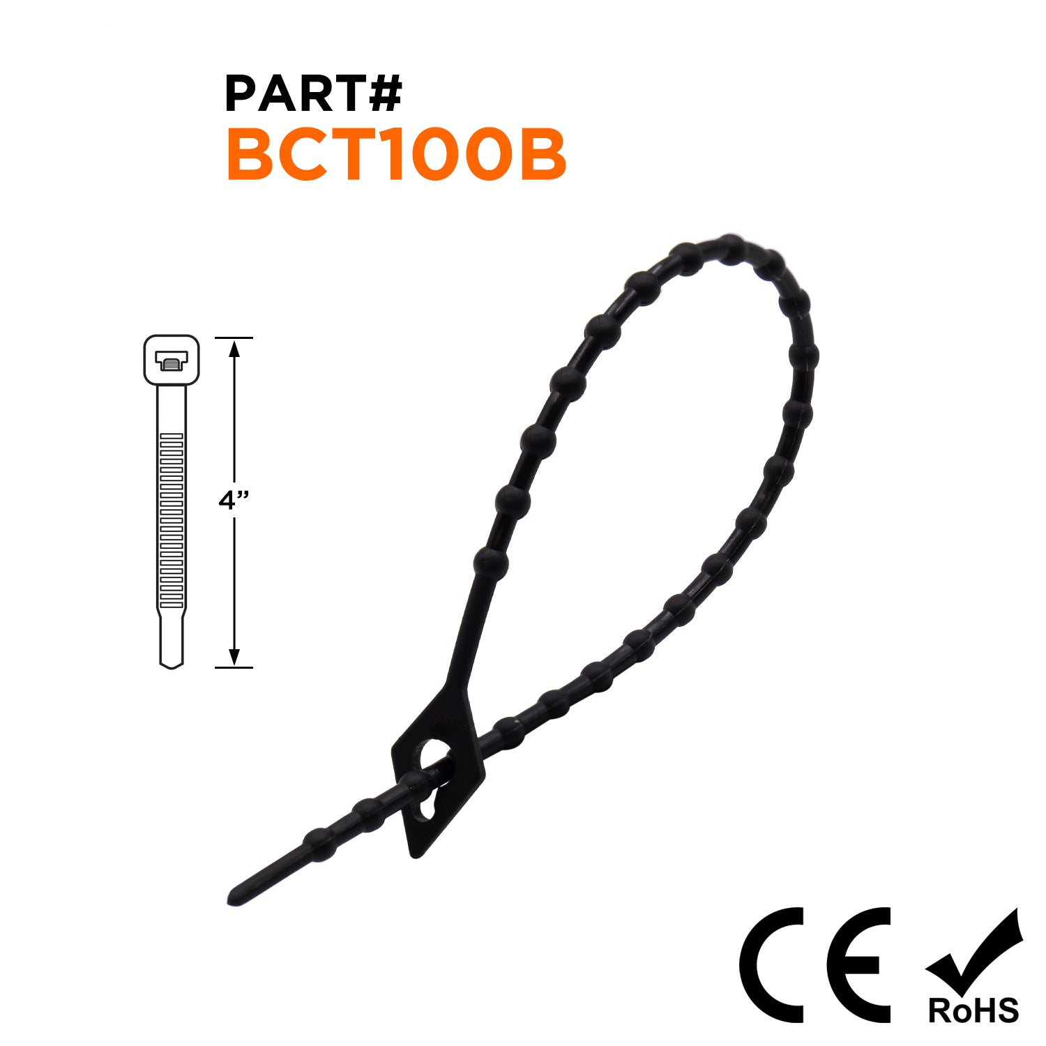 BCT100B - 4" Miniature Beaded Nylon Reusable Cable Ties, 18-lb Tensile, Black, UV Resistant, 100-Pack