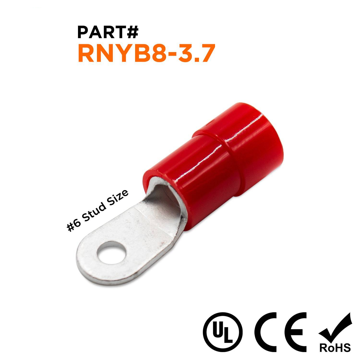 RNYB8-37 - 8 AWG Con aislamiento de nailon Terminales de anillo, #6 Orificio, 10 piezas
