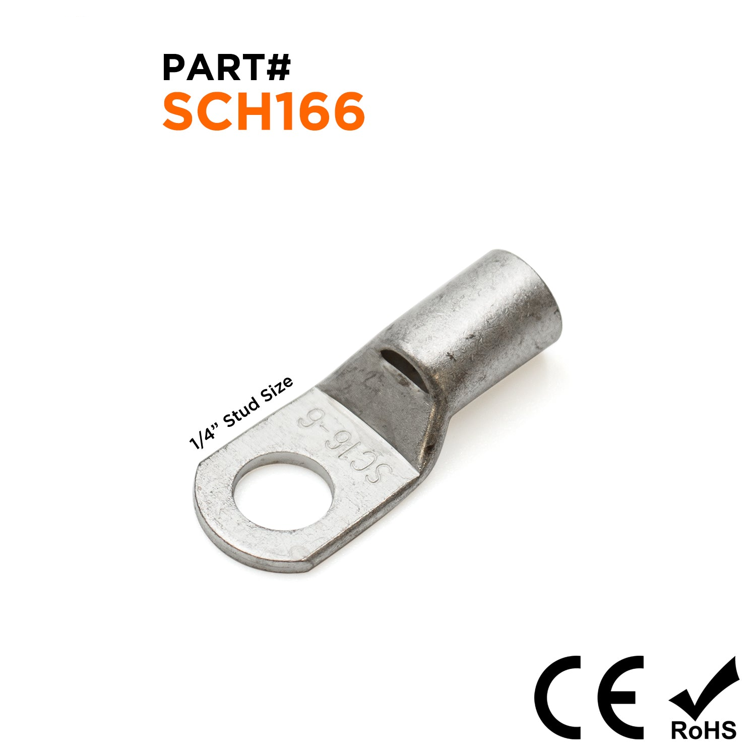 SCH166 - 6 AWG Non Insulated Tubular Ring Lugs, 1/4" Stud, 50 Pieces