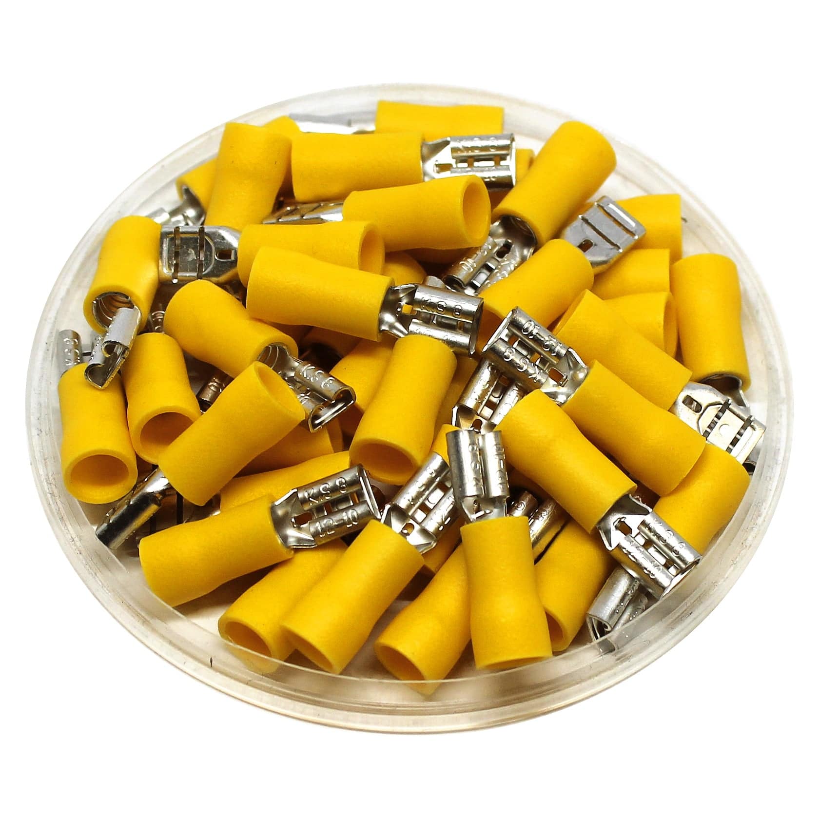 FDV5-187(8) - 12 to 10 AWG Vinyl PVC Insulated Quick Disconnects, Female, Yellow, Fully Insulated, 100 Pieces