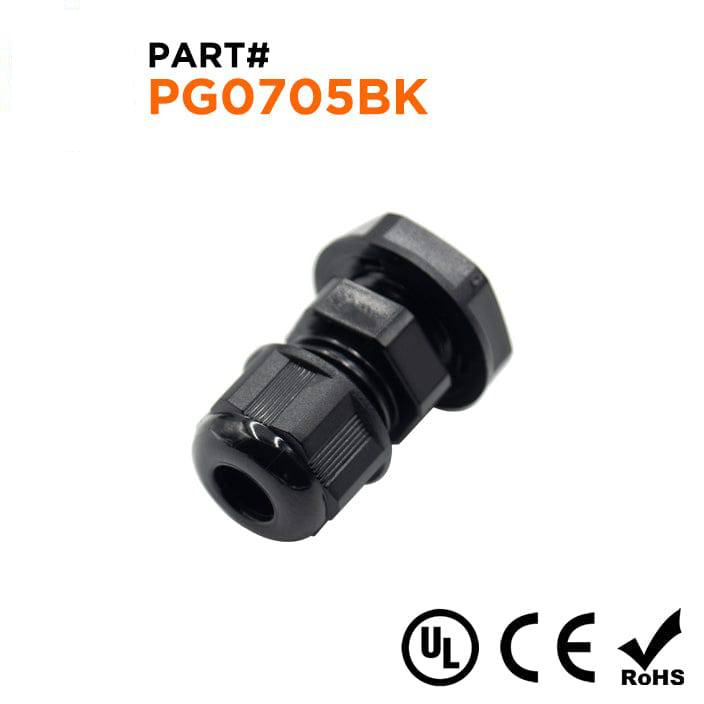 P0705B - PG7 Thread Nylon Cable Gland, Black, Range: 1/16" to 3/16", UL Listed, IP68, IP69K -  1 Piece