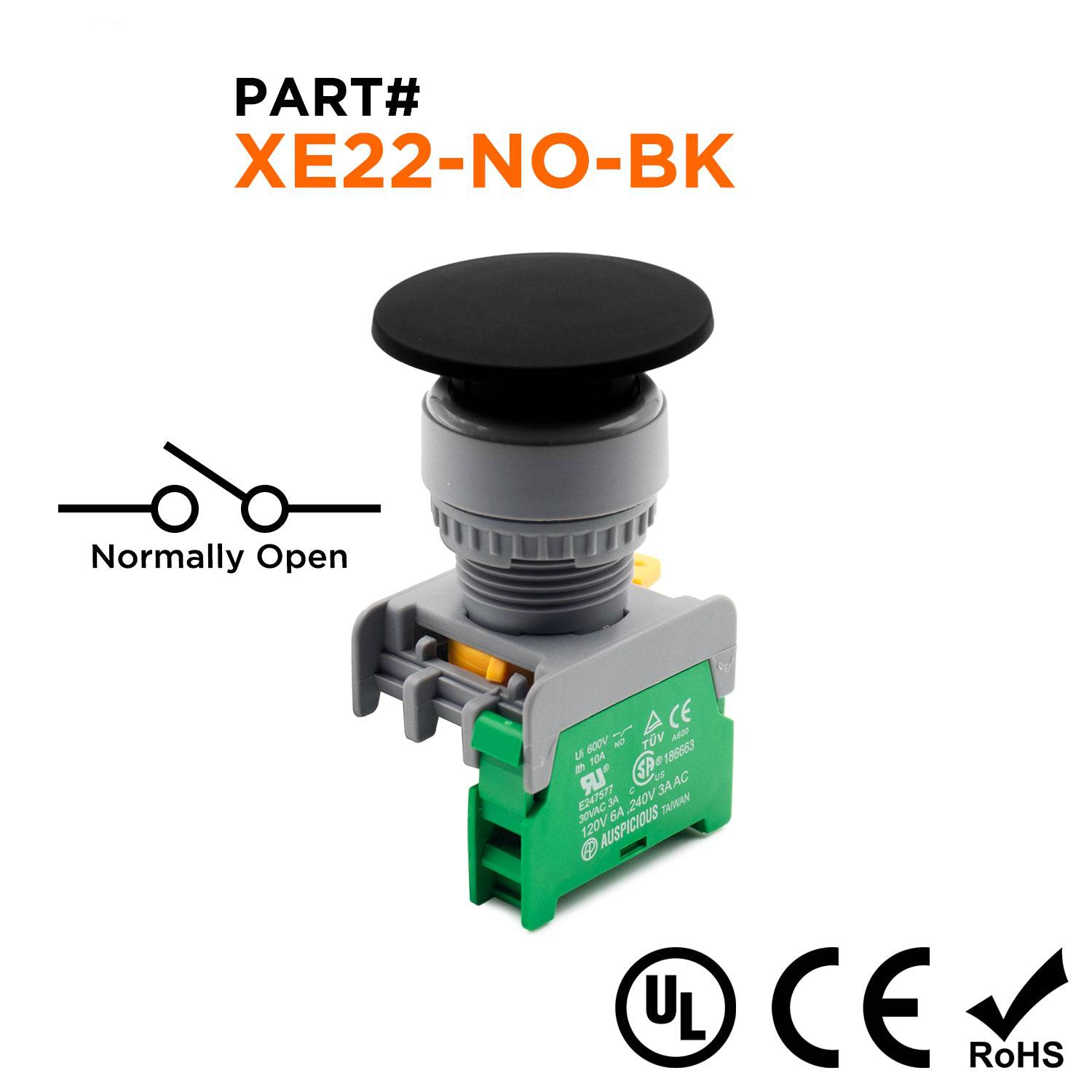 XE22-NO-BK - 40mm Negro Mushroom Head Push Button, (NO), 1 pieza