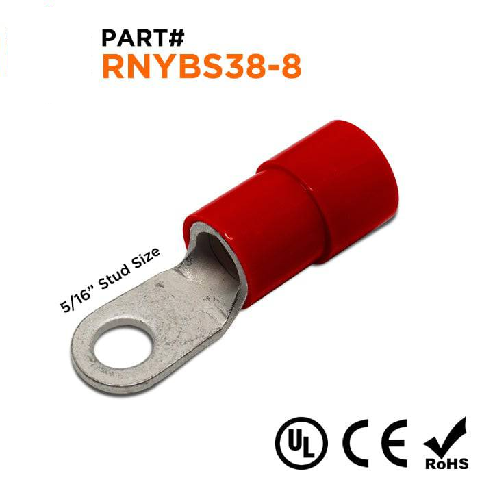 RNYBS38-8 - 2 AWG Con aislamiento de nailon Terminales de anillo, 5/16" Orificio, 10 piezas