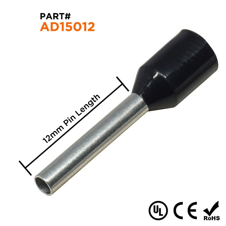 AD15012 - 16 AWG Insulated Wire Ferrules, 12mm Pin, Black, UL Recognized, 500 Pieces