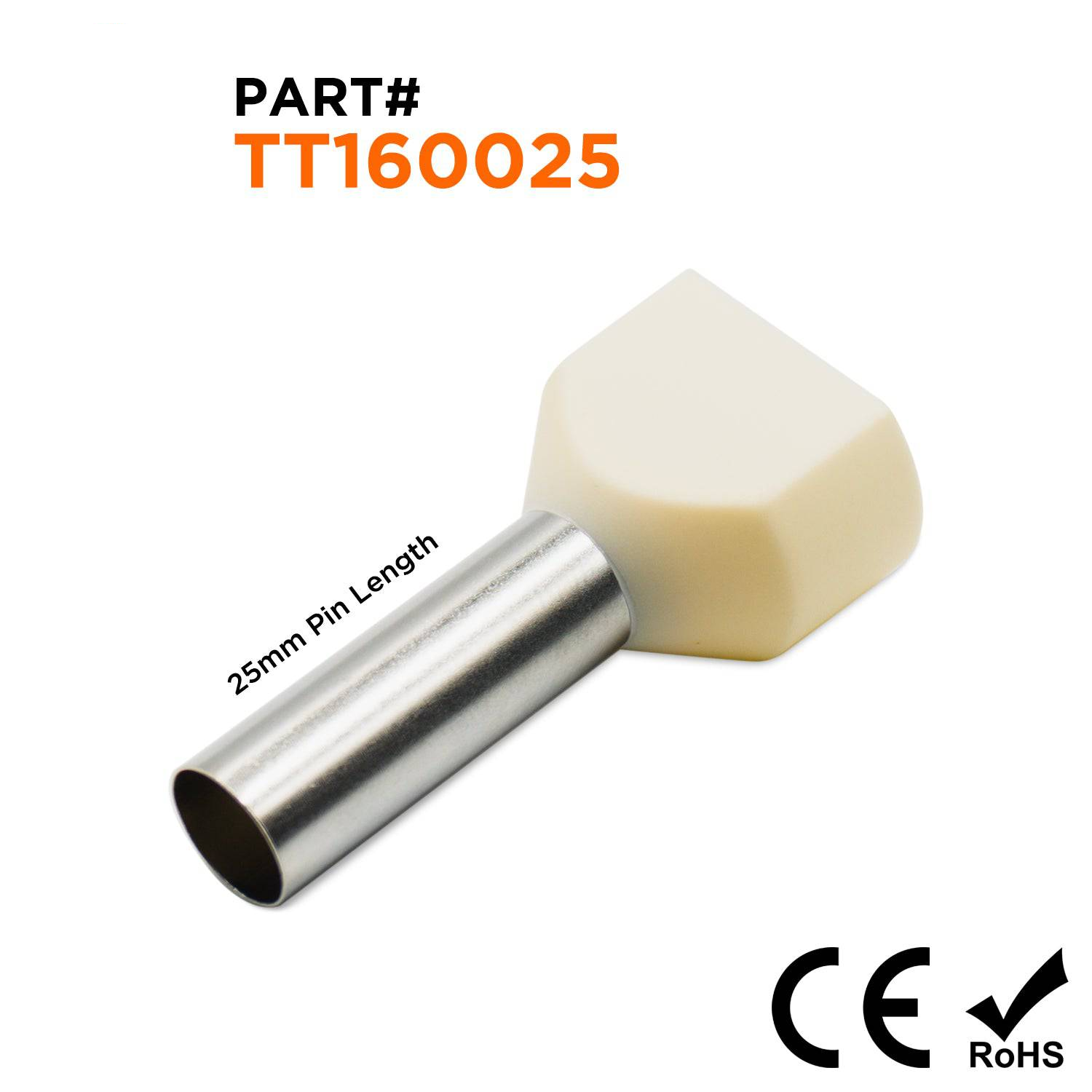 TT160025 - 2x6 AWG (25mm Pin) Twin Wire Ferrules - Beige, 100 Pieces
