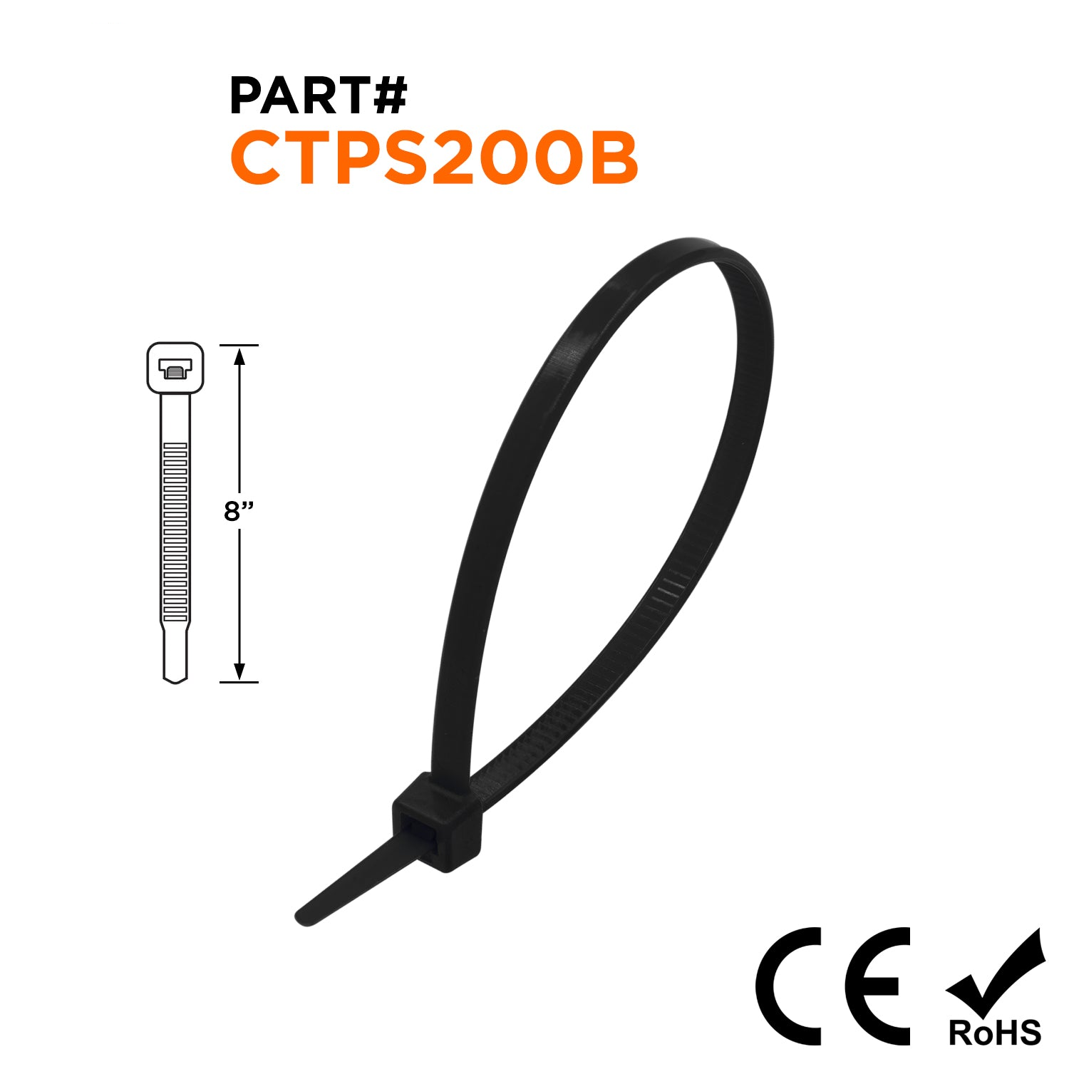 CTPS200B - 8" Polypropylene Standard Cable Ties, 30-lb Tensile Strength, Black, 100-Pack