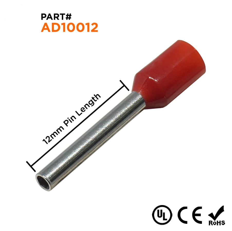 AD10012 - 18 & 17 AWG Insulated Wire Ferrules, 12mm Pin, Red, UL Recognized, 500 Pieces