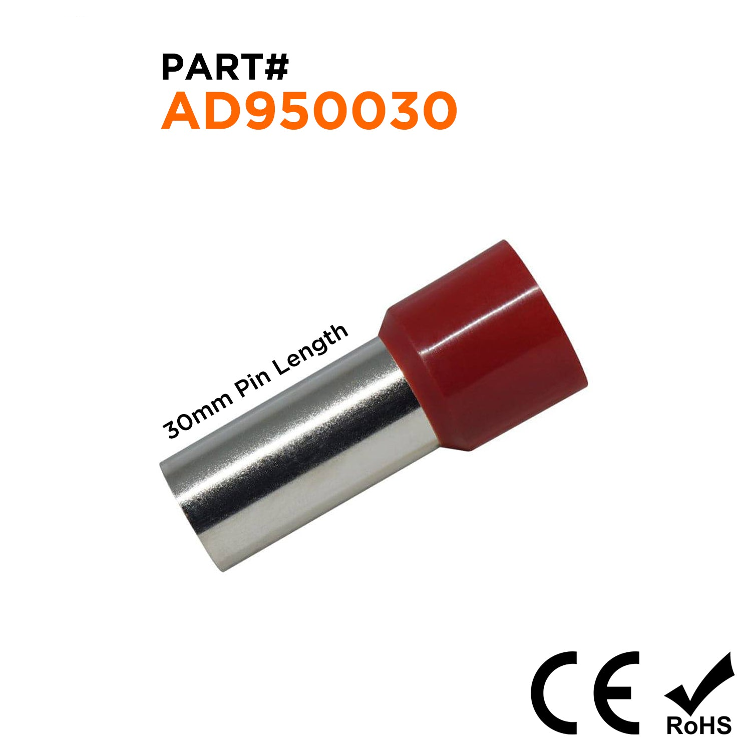 AD950030 - 3/0 AWG Single Insulated Wire Ferrules, 30mm Pin, Red, 25 Pieces