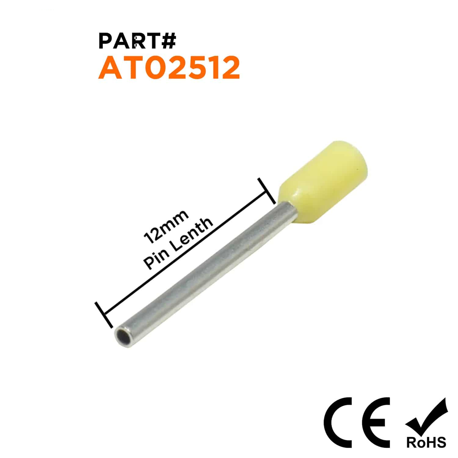 AT02512 - 24 AWG Single Insulated Punteras, 12mm Pin, Amarillo, 500 piezas