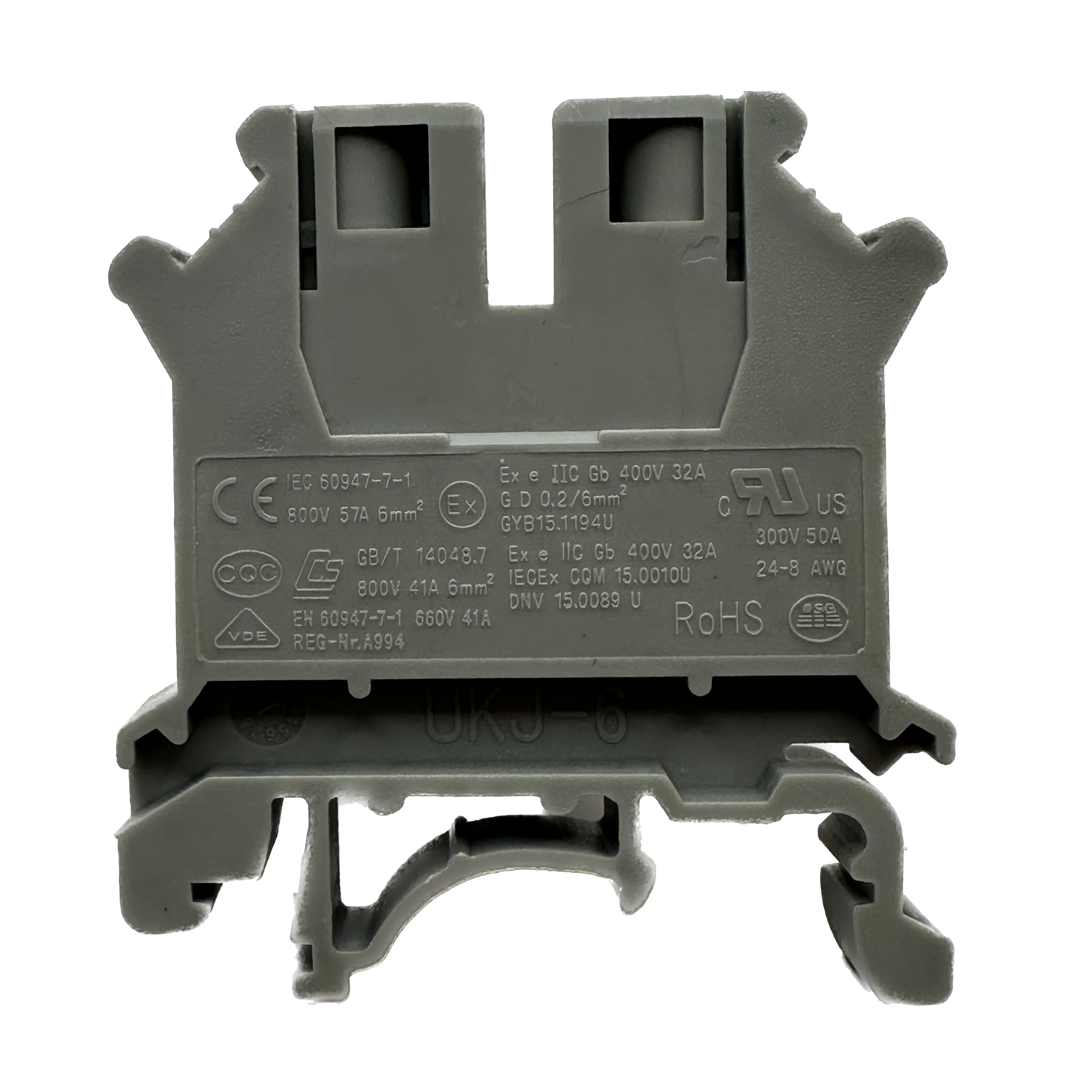 UKJ-6 - 24 a 8 AWG Screw Clamp, Feed-Thru, Terminal Block, 800v, UL Approved, Gris