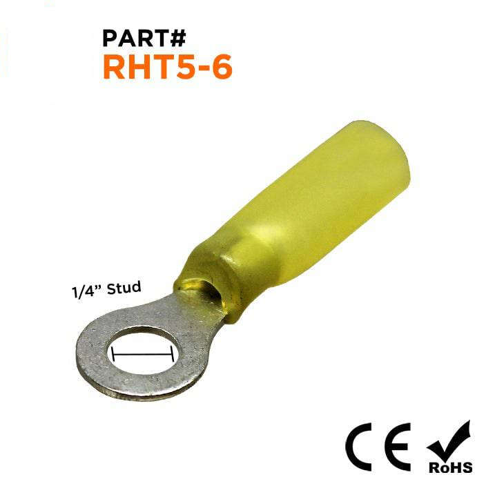 RHT5-6 - 12 a 10 AWG Termorretráctiles Terminales de anillo, 1/4" Orificio, Polyethylene, 10 piezas