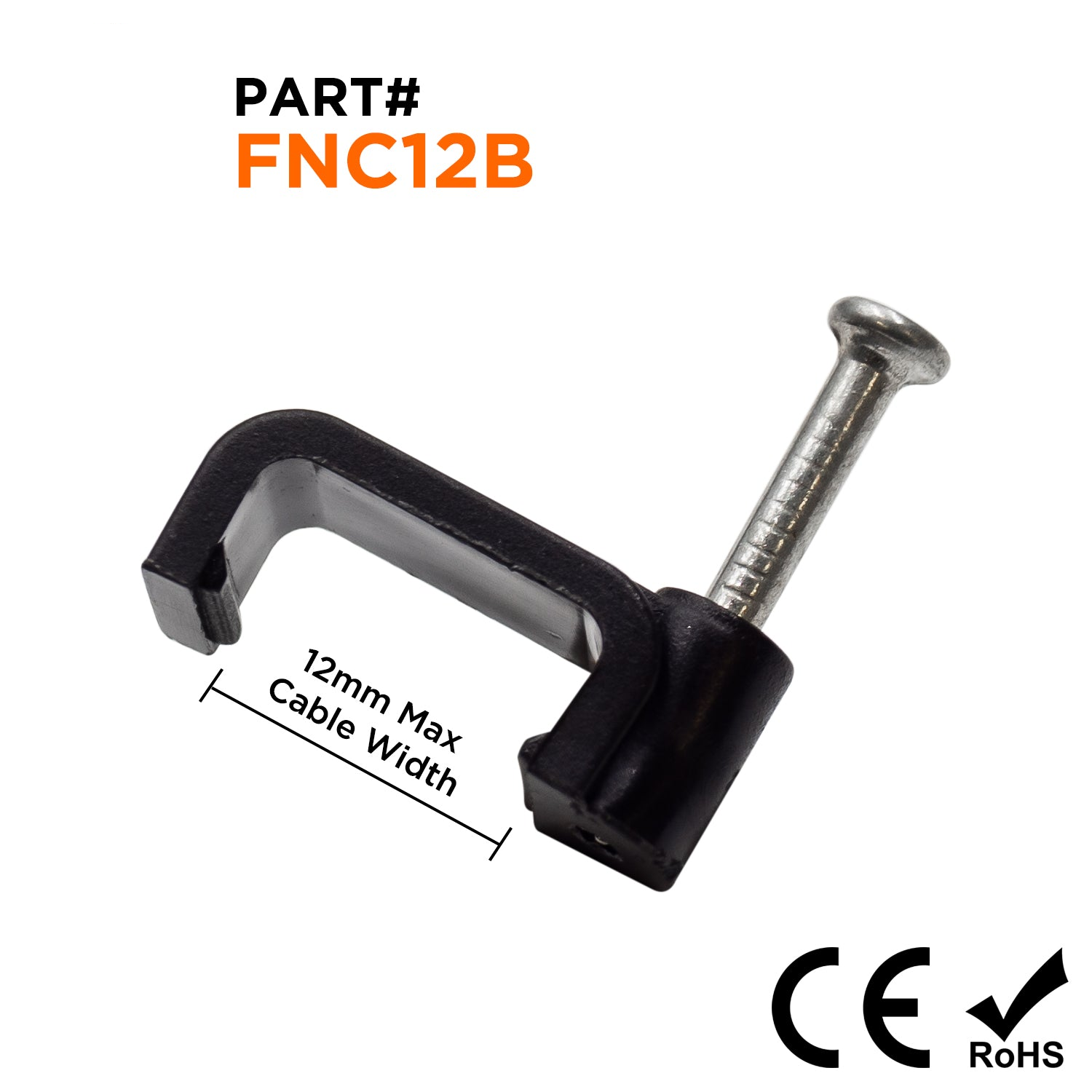 FNC12B - Nail In Cable Grapas, Cable Nails Tacks, Flat, 12mm, 0.47", Negro, 100 piezas