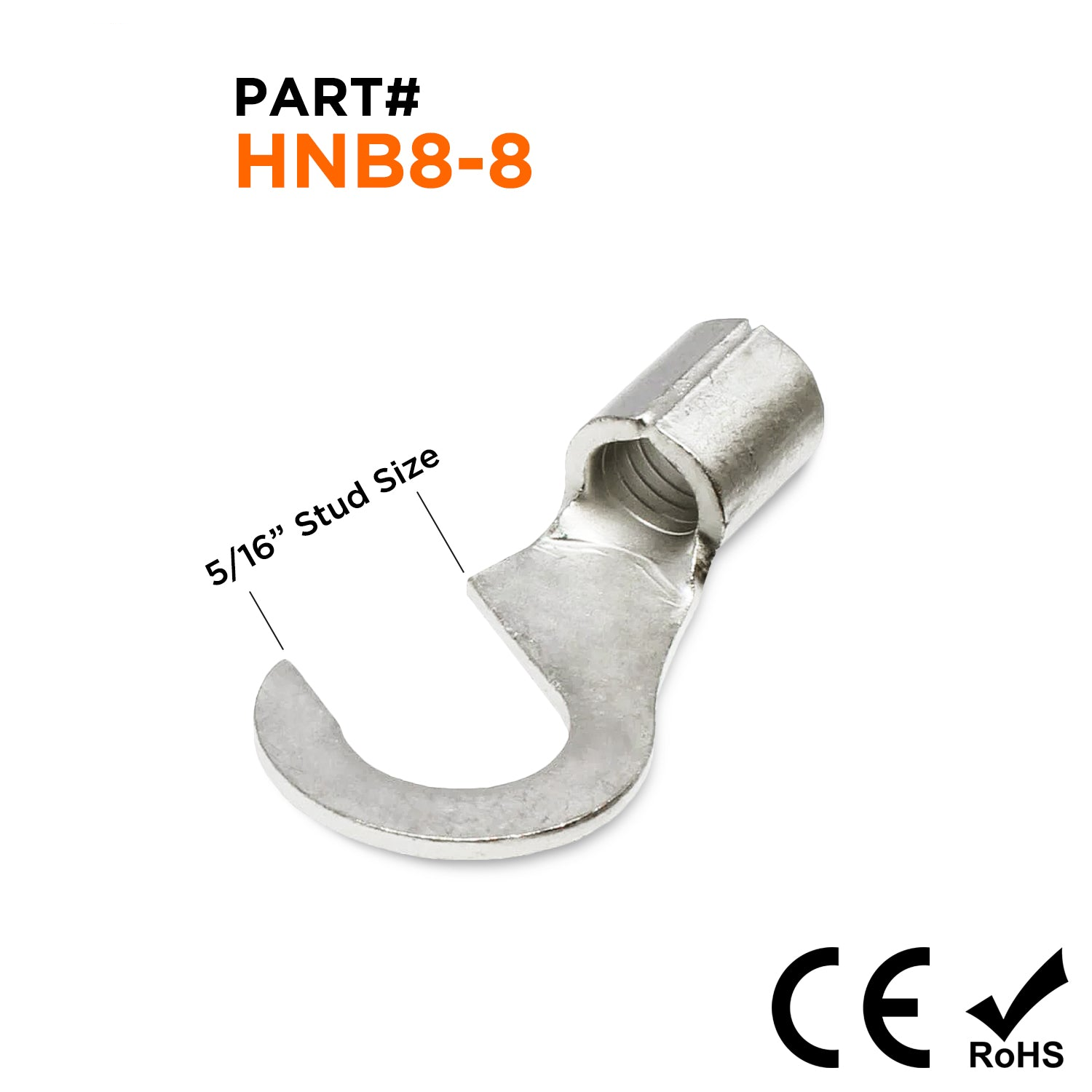 8 AWG Non Insulated Hook Terminals, 5/16" Stud, Brazed Seam, - HNB8-8