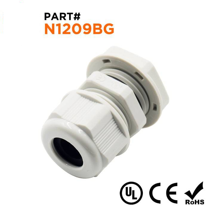 N1209BG - 1/2" NPT Thread Nylon Cable Gland, Beige, Range: 3/16" to 3/8", UL Listed, IP68, IP69K - 1 Piece